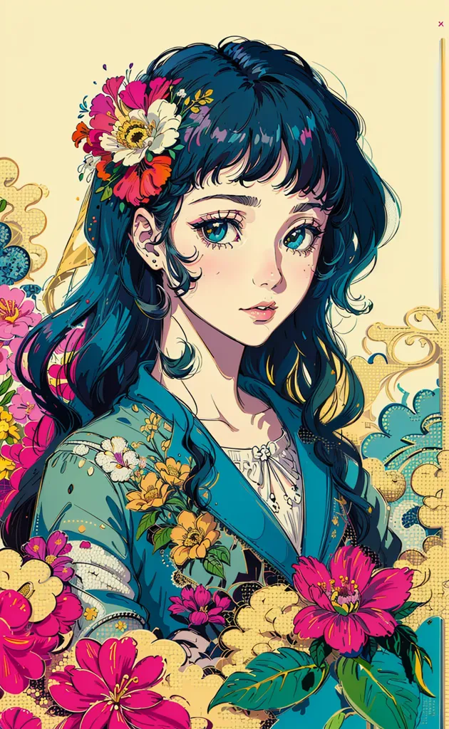 The picture shows a young woman with long blue hair. She is wearing a blue kimono with white and yellow flowers. There are also flowers in her hair. The background is white with colorful clouds. The woman's eyes are blue and her lips are pink. She is looking at the viewer with a slight smile.