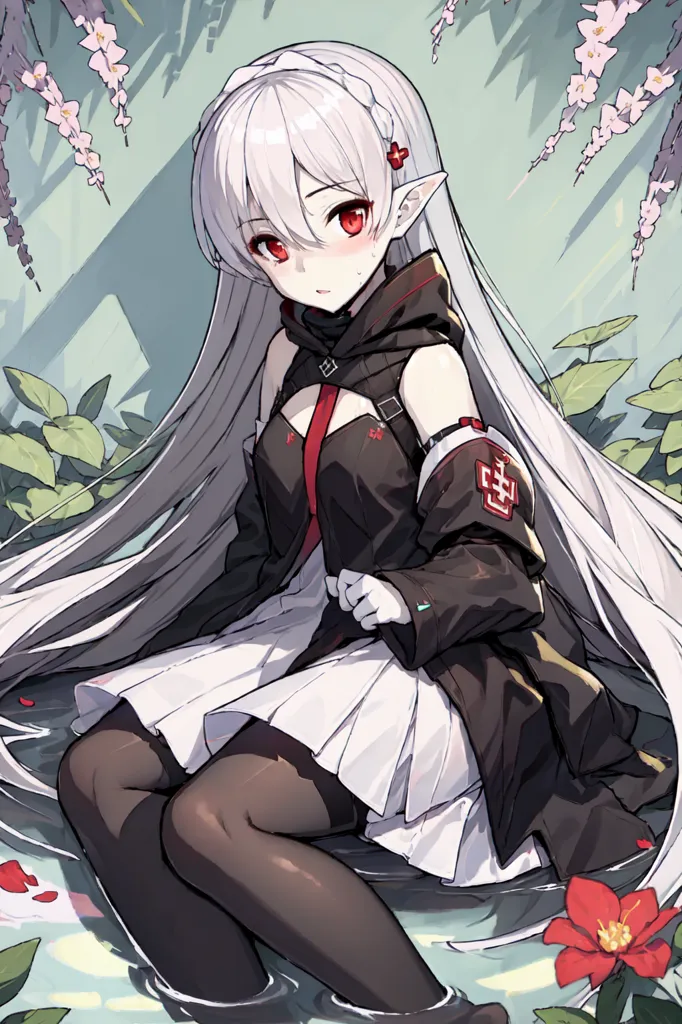 The image is an anime-style drawing of a girl with long white hair and red eyes. She is wearing a black and white dress with a red cross on the right arm. She is sitting in a pond with water up to her knees. There are green leaves and pink flowers around her. The background is a blur of green leaves.