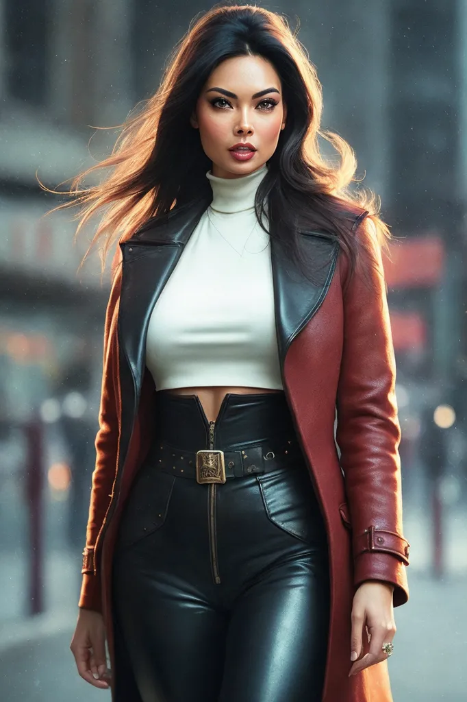 The image shows a woman wearing a white turtleneck crop top, black leather pants, and a red leather trench coat. She has long, dark hair and brown eyes. She is wearing a belt with a gold buckle and a ring on her right hand. She is standing in a city street with blurred background.