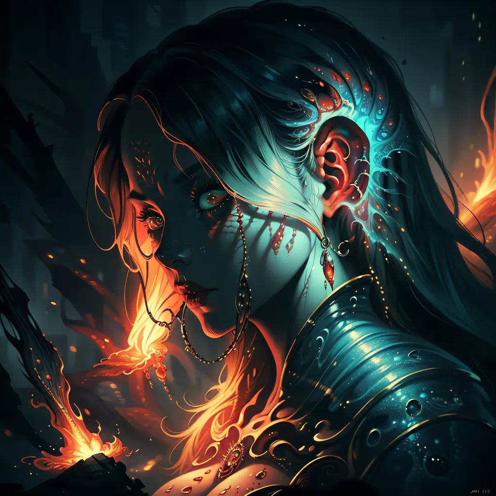 This is an image of a woman with long teal hair and green eyes. She is wearing a dark blue and gold breastplate and has a lot of jewelry on. There is a fire burning in front of her and it is reflecting in her eyes. She is looking at the fire with a serious expression. The background is dark and there are some ruins in the distance.