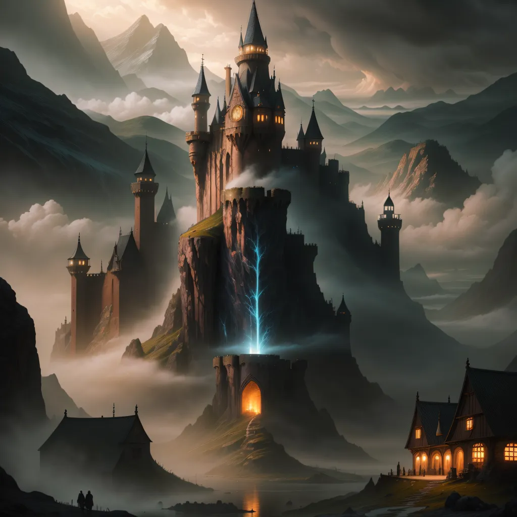 The image is a dark fantasy landscape. There is a large castle on a mountaintop in the middle of the image. The castle is surrounded by clouds and mist. There are two people walking towards the castle. There is a house on the right side of the image. The house is surrounded by trees. There is a river in front of the castle. There are mountains in the background. The image is in a dark color palette. The mood of the image is mysterious and foreboding.