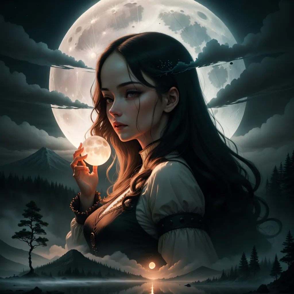 The image is a portrait of a beautiful young woman with long, dark hair. She is standing in front of a full moon, and is wearing a white dress with a black corset. The woman's eyes are closed and she has a serene expression on her face. The background is a dark blue sky with clouds.