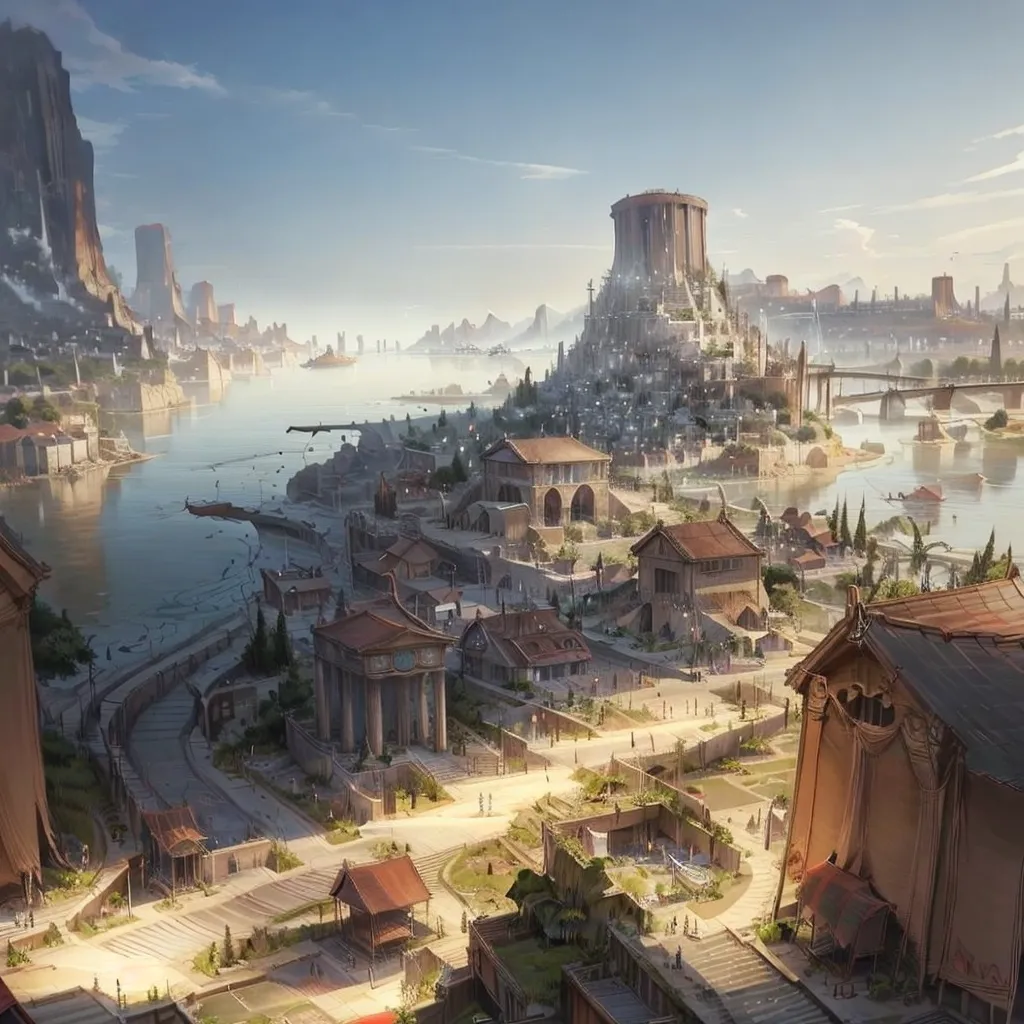 The image shows a large ancient city built on a group of islands in a bay. The city is surrounded by tall mountains and has a large temple or palace in the center. There are many ships in the harbor and people walking around the city. The city is built in a classical style with white marble buildings and columns.