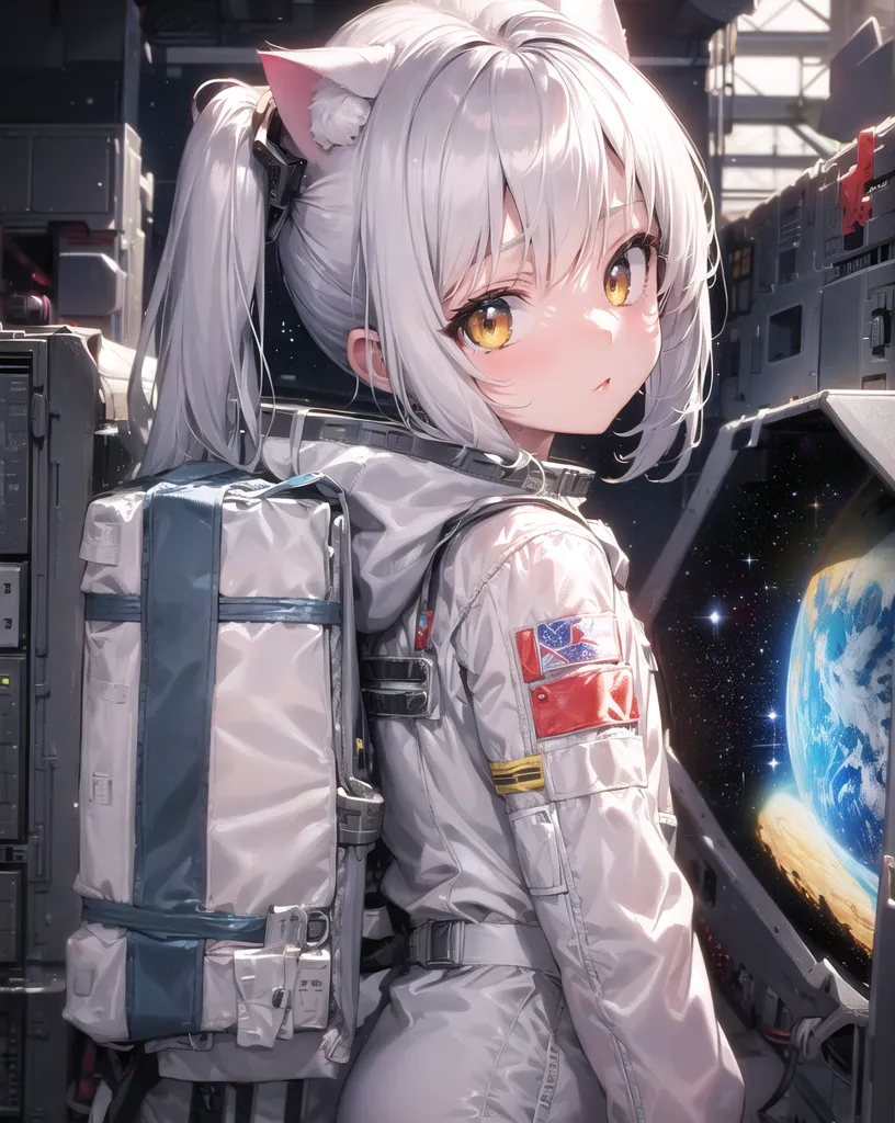 The image depicts an anime-style girl with white hair and cat ears wearing a spacesuit with the American flag patch on her shoulder. She is standing in a spaceship, looking at a screen that shows the Earth. The girl has a backpack on her back and various equipment attached to her spacesuit. She is looking at the screen with a determined expression on her face.