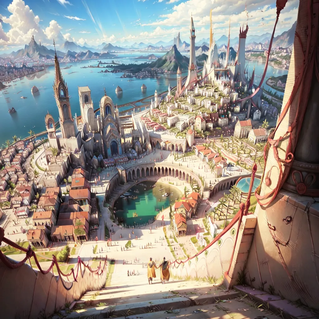 The image shows a fantasy city built on a series of islands. The city is surrounded by tall mountains and has a large bay with many ships docked in it. The city is very large and has many different types of buildings, including tall towers, large cathedrals, and smaller houses. There are also many people walking around the city and there are a few flying creatures in the sky. The city is very detailed and looks very realistic.