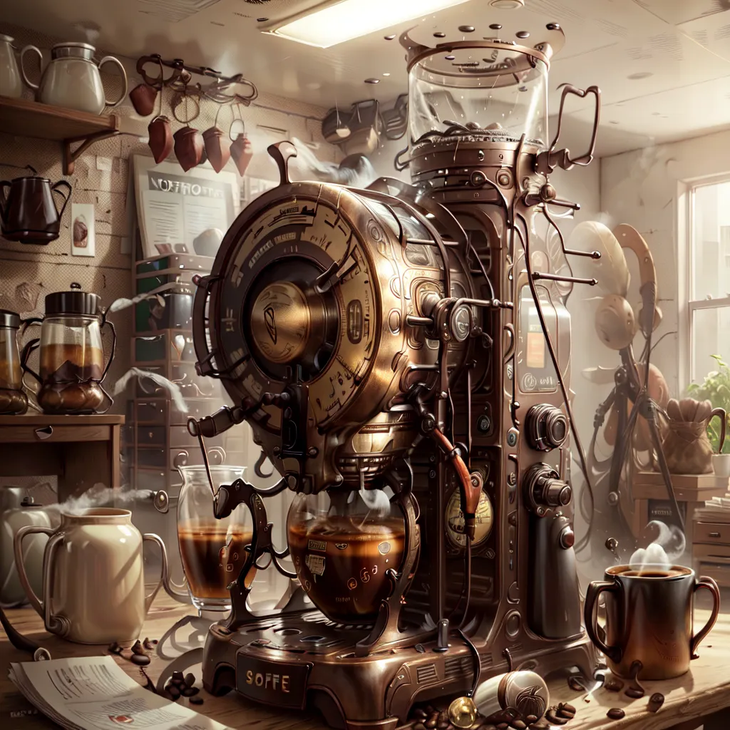 The image is a steampunk-style coffee machine. It is made of metal and has a large glass dome on top. There are a number of gauges and levers on the front of the machine. A hose leads from the bottom of the machine to a cup on the table. There are also two other cups on the table, one of which is full of coffee. The machine is surrounded by shelves and cabinets. On the shelves are a variety of coffee-making implements.