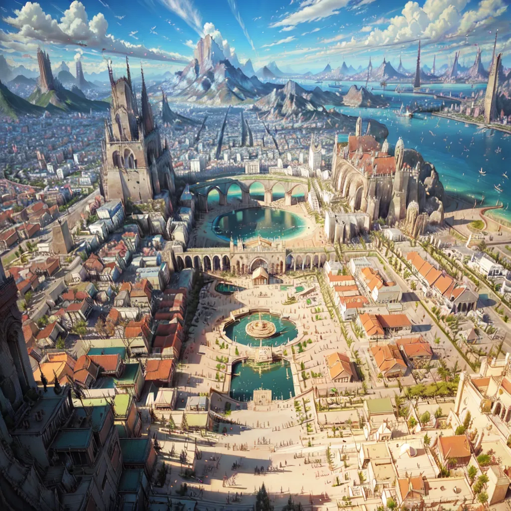 The image shows a large fantasy city built on a series of islands. The city is surrounded by tall mountains and has a large bay with a port. The city is very dense and has many tall buildings, including a large castle or palace. The city is also very green with many trees and gardens. There are many people walking around and there are a few boats in the bay. The sky is blue and there are some clouds.