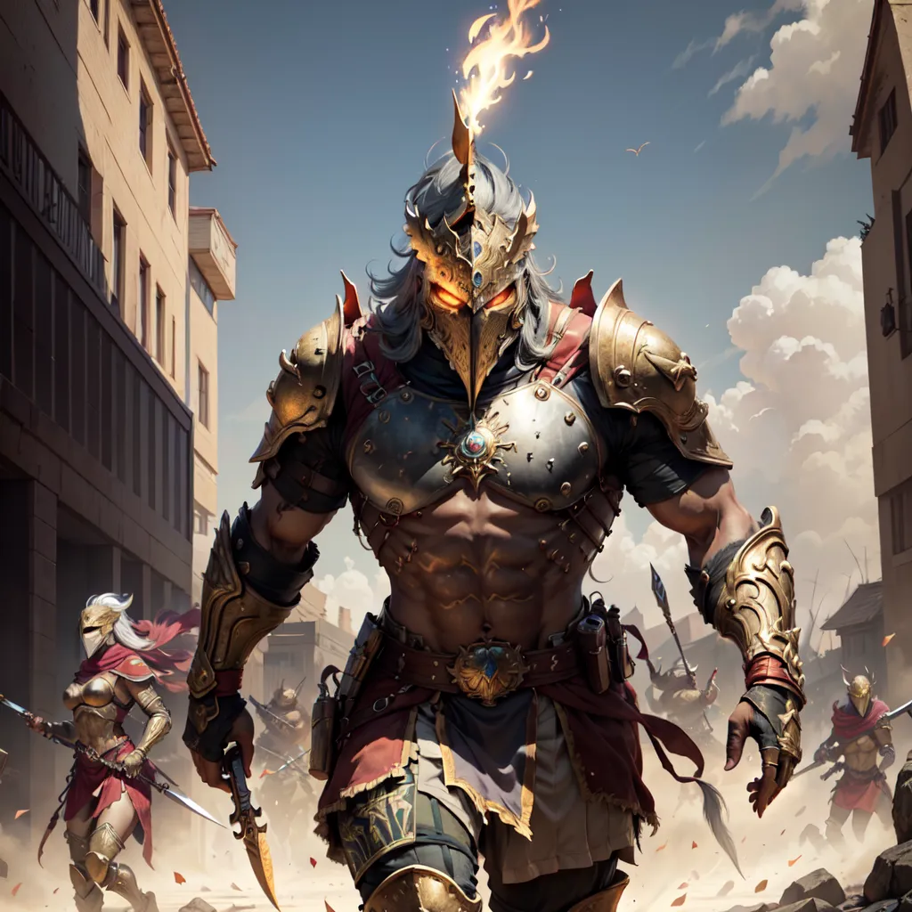 The image shows a muscular man with long white hair and a beard. He is wearing a golden helmet with a flame-like crest, and his body is covered in golden armor. He is carrying a large sword in his right hand and a shield in his left hand. He is standing in a city street, and there are buildings on either side of him. There are also several people standing in the street, and they are all looking at him. The man has a determined expression on his face, and it is clear that he is ready for battle.