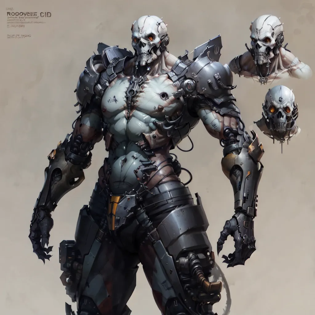 The image is a digital painting of a cyborg. The cyborg is a humanoid figure with a skull-like head, a muscular body, and a variety of cybernetic enhancements. The cyborg's skin is pale and covered in scars, and its eyes are a glowing yellow. It is wearing a black and gray bodysuit and a variety of cybernetic weapons and armor. The cyborg is standing in a post-apocalyptic landscape, and there are several other cyborgs visible in the background. The image is dark and gritty, and it conveys a sense of hopelessness and despair.