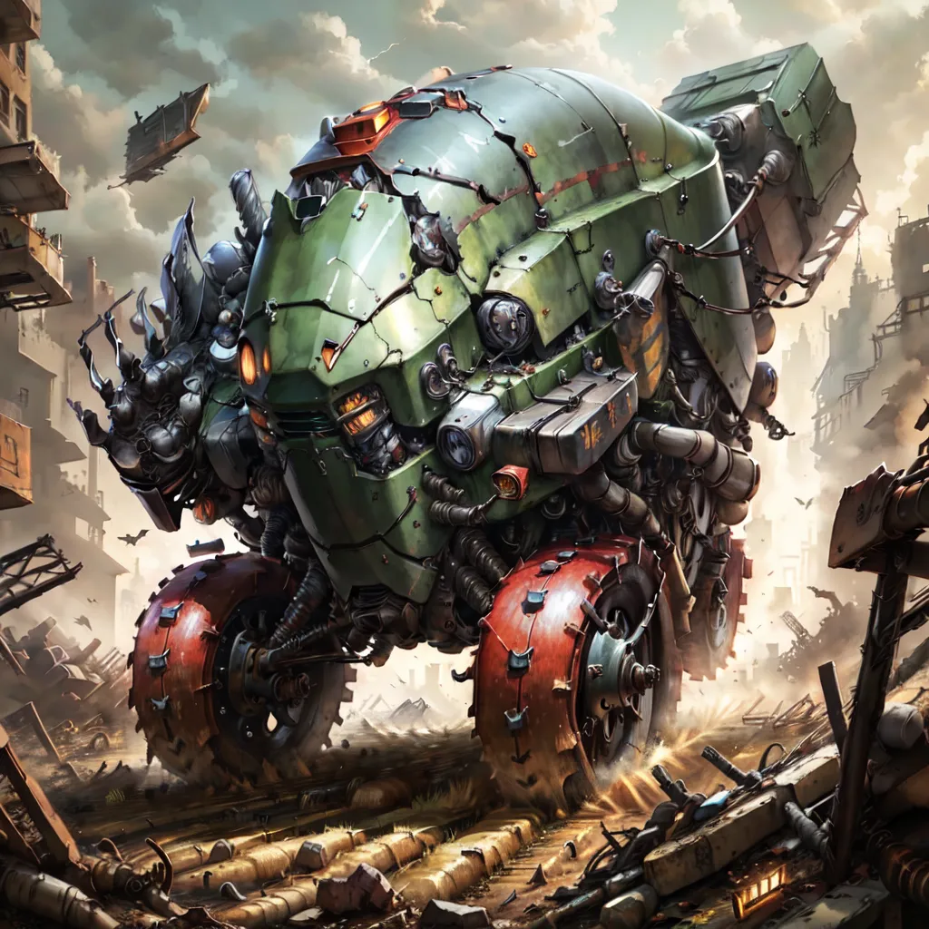 The image shows a post-apocalyptic vehicle. It is a large, green, and rusty vehicle with a large engine and a plow on the front. The vehicle is also equipped with a variety of weapons, including a machine gun and a rocket launcher. The vehicle is surrounded by a group of destroyed buildings and debris. The sky is dark and cloudy, and the atmosphere is one of hopelessness and despair.