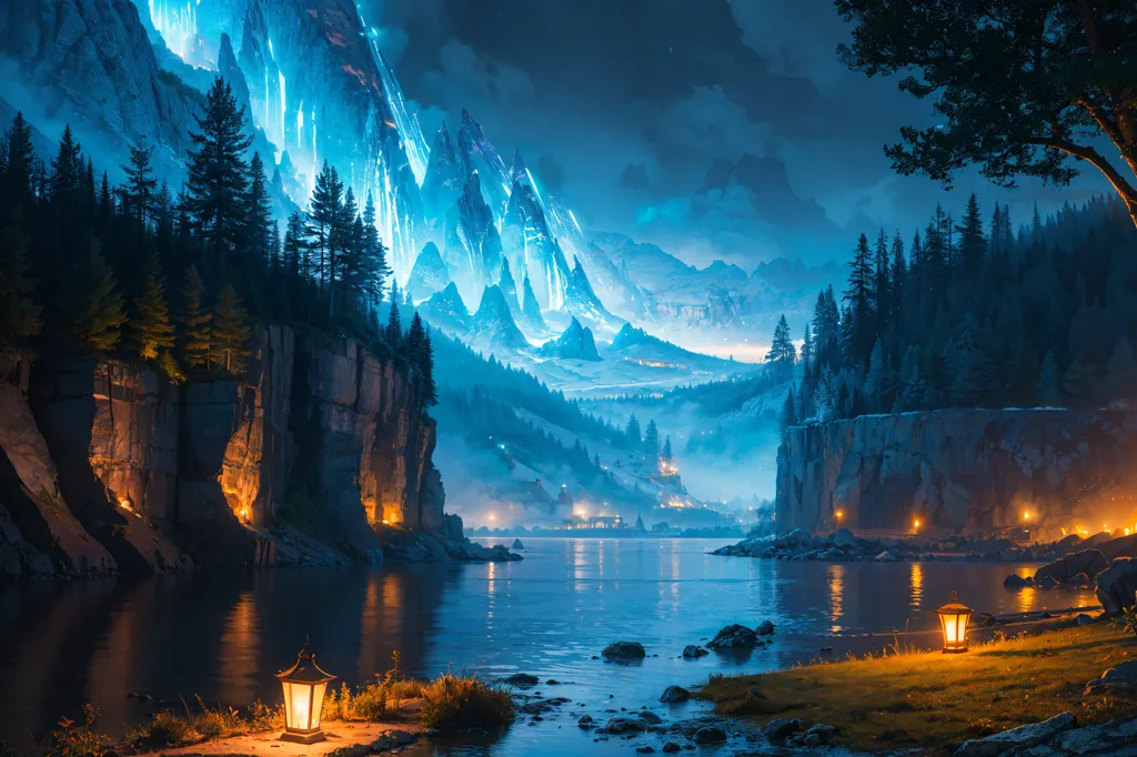 The image is a beautiful landscape of a mountain valley at night. The sky is dark and starry. The moon is shining brightly, casting a silvery glow over the snow-capped mountains. The mountains are reflected in the calm water of the lake. The valley is filled with lush forests. There is a small village on the shore of the lake. The village is lit by lanterns. There is a path leading from the village to the lake. There are two lanterns on the side of the path.