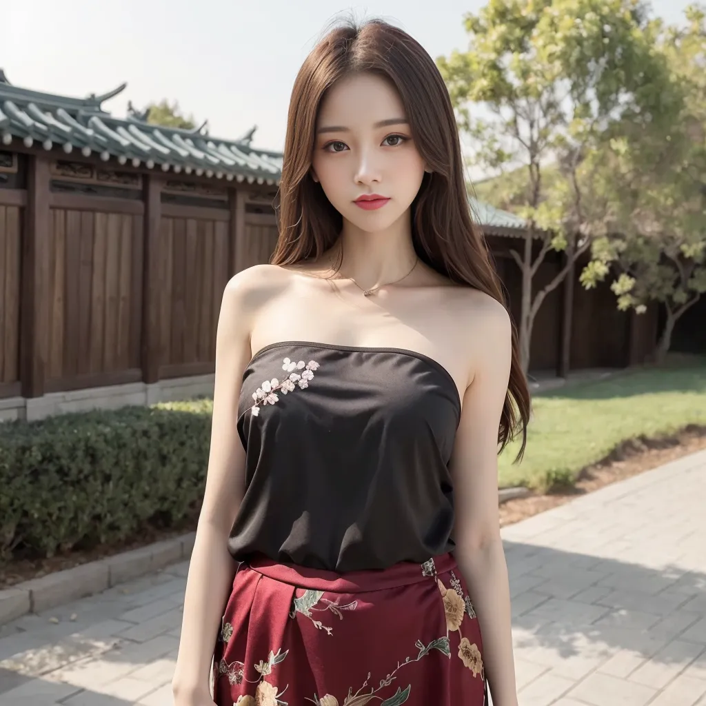 The image shows a young woman wearing a black strapless top and a long, floral skirt. She has long, dark hair and is wearing light makeup. She is standing in a garden, with a traditional Chinese building in the background.