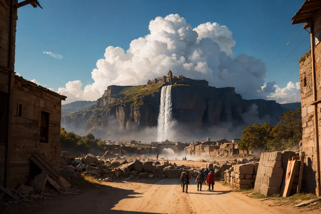 The image shows a group of people walking towards a waterfall. The waterfall is in the middle of a large mountain. The sky is blue and cloudy. The people are walking on a dirt road. There are some ruins on either side of the road. The ruins are made of stone and are in various states of disrepair. Some of the ruins have collapsed, while others are still standing. The people are all wearing different types of clothing. Some of the people are wearing modern clothing, while others are wearing more traditional clothing. The people are all carrying different types of bags and supplies. It looks like they are on a journey.