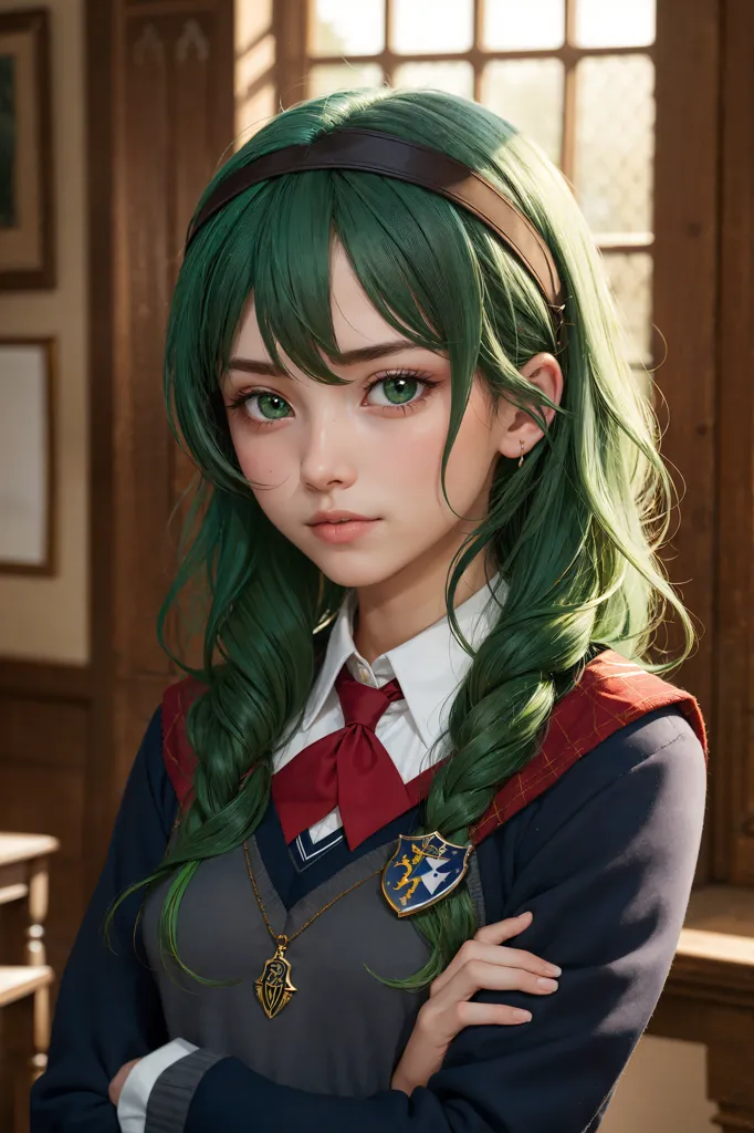 The image shows a young woman with long green hair and green eyes. She is wearing a white shirt, a red tie, and a blue sweater vest with a crest on it. She is also wearing a brown headband. She is standing in a library, and there are bookshelves and a wooden table behind her.