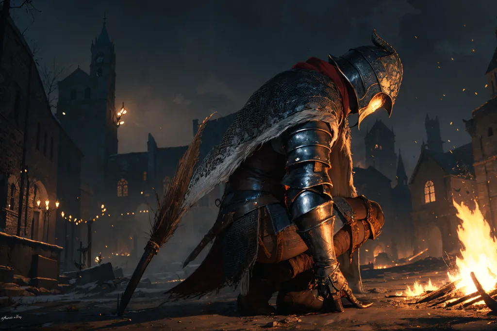 A knight kneels on the ground in front of a fire. He is wearing a full set of armor and a helmet with a visor. His sword is sheathed on his back. The fire is burning in a ruined city. There are buildings in the background and a large tower in the distance. The sky is dark and there are clouds in the sky.