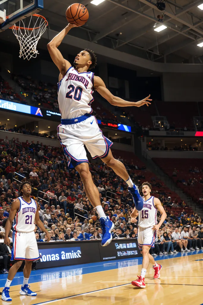 A basketball player in a white and blue uniform is jumping high in the air to score the ball with one hand. He is wearing blue and white sneakers. There are defenders from the other team near him. One of them is wearing the number 21 jersey and the other is wearing the number 15 jersey. The player with the number 20 jersey is scoring the ball with his right hand. The background is a stadium with many people watching the game.