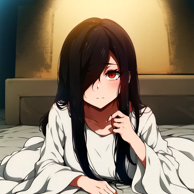 The image is of a young woman with long black hair and red eyes. She is wearing a white dress and is sitting on a bed. The woman has a sad expression on her face. The background is dark and shadowy.