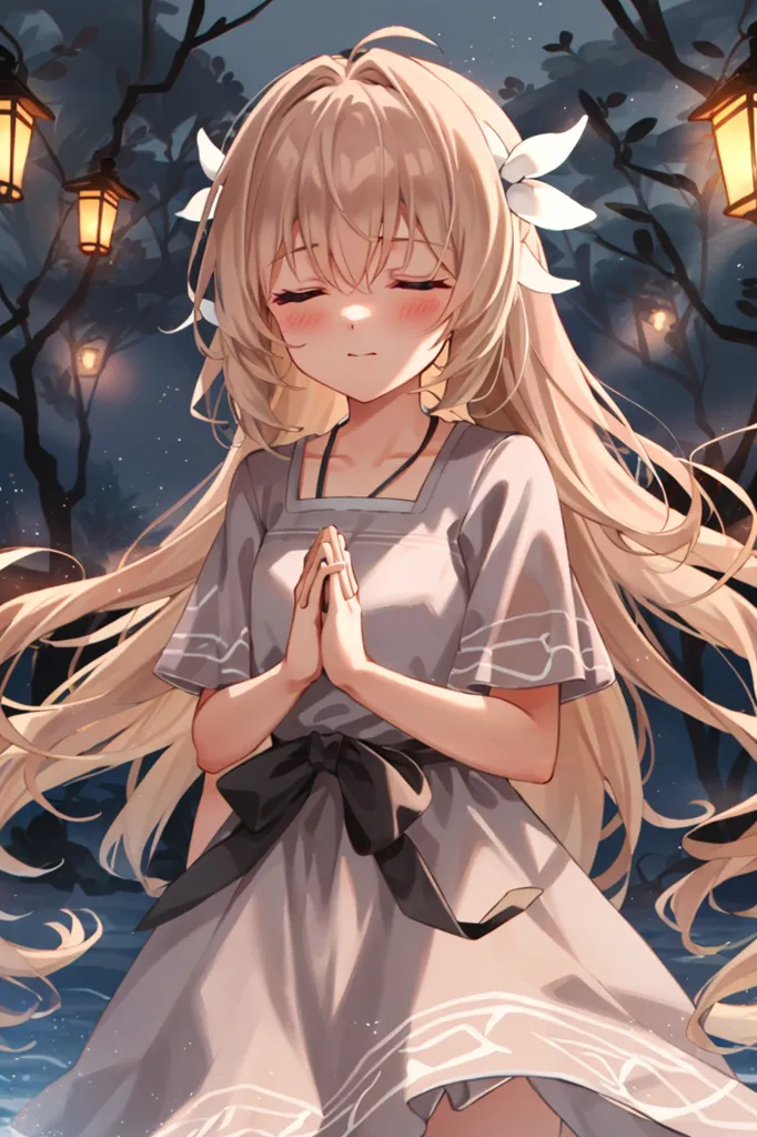 The image is of a young girl with long, flowing blonde hair and blue eyes. She is wearing a white dress with a black ribbon sash and has a gentle smile on her face. She is standing in a forest with a lantern in the background. The girl is likely a spirit or a goddess, as she is surrounded by a soft, ethereal light.