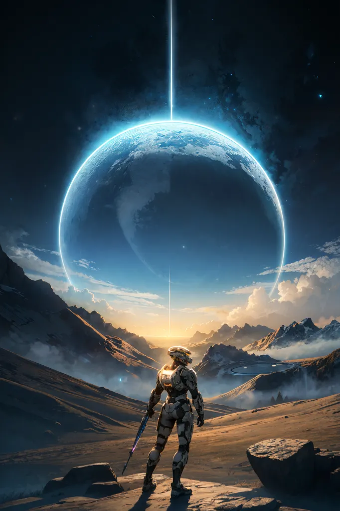 The image shows a scene from the video game Halo. A human soldier is standing on a rocky hill, looking out over a vast alien landscape. The sky is dark, and the only light comes from a few stars and the moon. The soldier is wearing a helmet and a combat suit, and he is carrying a gun. In the background, there is a large, ring-shaped structure in the sky. This is the Halo, a massive alien artifact that is the setting for the game.