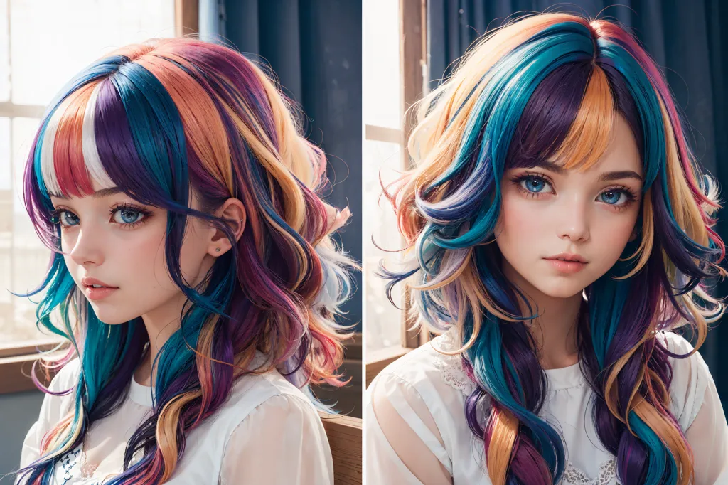 La imagen muestra a una niña joven con el cabello largo y de colores arcoíris. El lado izquierdo de su cabello es rosa, naranja y amarillo, mientras que el lado derecho es azul, morado y rosa. La niña tiene ojos azules y una tez clara. Lleva una camisa blanca y está sentada frente a una ventana.