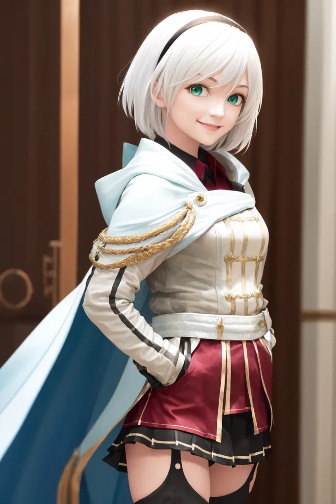 The image shows a young woman with white hair and green eyes. She is wearing a white and red military-style outfit with a blue cape. She has a confident smile on her face and is standing with her hands in her pockets.