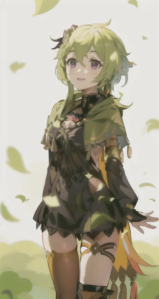 The image is of a young woman with long green hair and purple eyes. She is wearing a green dress with a white cape. She is standing in a field of grass and there are leaves falling around her. The background is white with a gradient to green at the bottom. The image is drawn in an anime style.