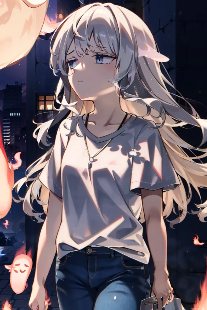 The image is a painting of a young woman with long white hair and blue eyes. She is wearing a white shirt and blue jeans. She is standing in a dark place, with a few lights in the background. There are also some small, ghost-like creatures flying around her. The woman looks sad and thoughtful.