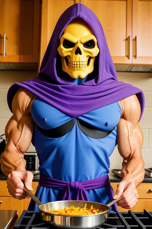 Esta imagen muestra a un hombre vestido con un disfraz de Skeletor, que es un villano de la franquicia Masters of the Universe. El hombre es musculoso y alto, con una máscara amarilla con forma de calavera, una capucha morada y un atuendo azul. Está de pie en una cocina, sosteniendo una sartén con comida en ella. El hombre mira a la cámara con una expresión seria.