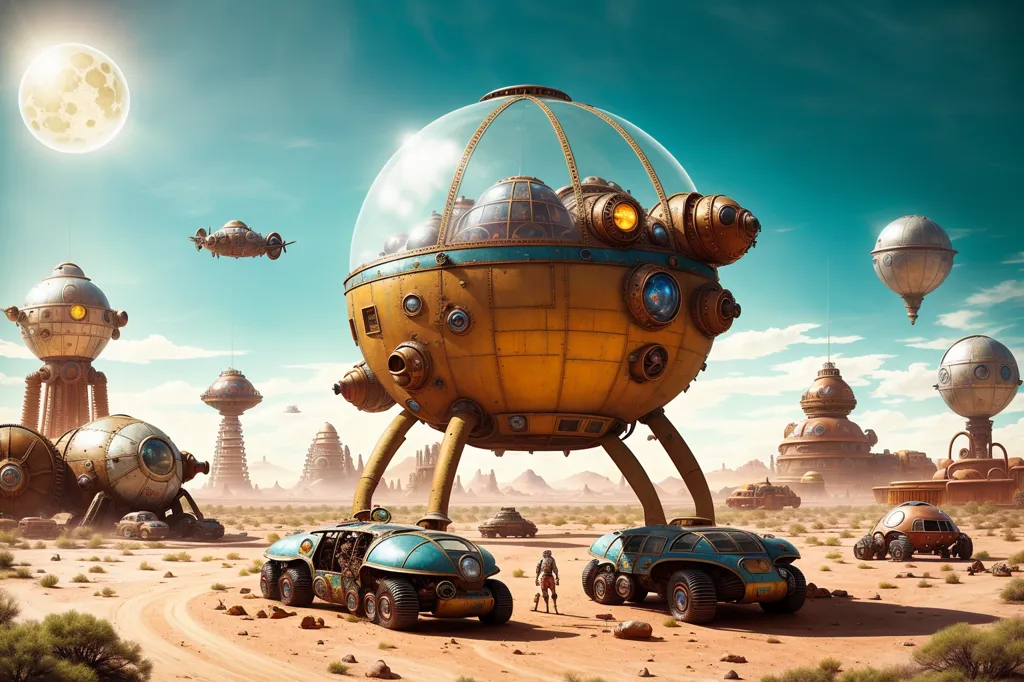 The image shows a futuristic desert landscape with a large, yellow, domed spaceship in the center. The spaceship has a transparent bubble at the top and several portholes and other details on its surface. There are several smaller, similar vehicles on the ground around the spaceship, as well as a few small, flying vehicles in the sky above. There are also several large, tower-like structures in the background. The ground is covered in sand and there are some small plants growing here and there. The sky is blue and there are some clouds in the distance. There is a moon in the sky.