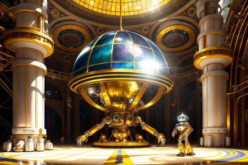 The image is set in a large, ornate hall with a high ceiling. The floor is made of marble, and the walls are decorated with intricate carvings and sculptures. There is a large stained glass window at the end of the hall, depicting a scene of a battle between two armies.

In the center of the hall is a large, golden sphere. The sphere is covered in intricate engravings, and it appears to be some kind of device. There are several smaller, golden robots standing around the sphere, and they appear to be working on it.

The image is full of detail, and it is clear that the artist has put a lot of thought into the design of the hall and the robots. The image is also very atmospheric, and it evokes a sense of wonder and mystery.