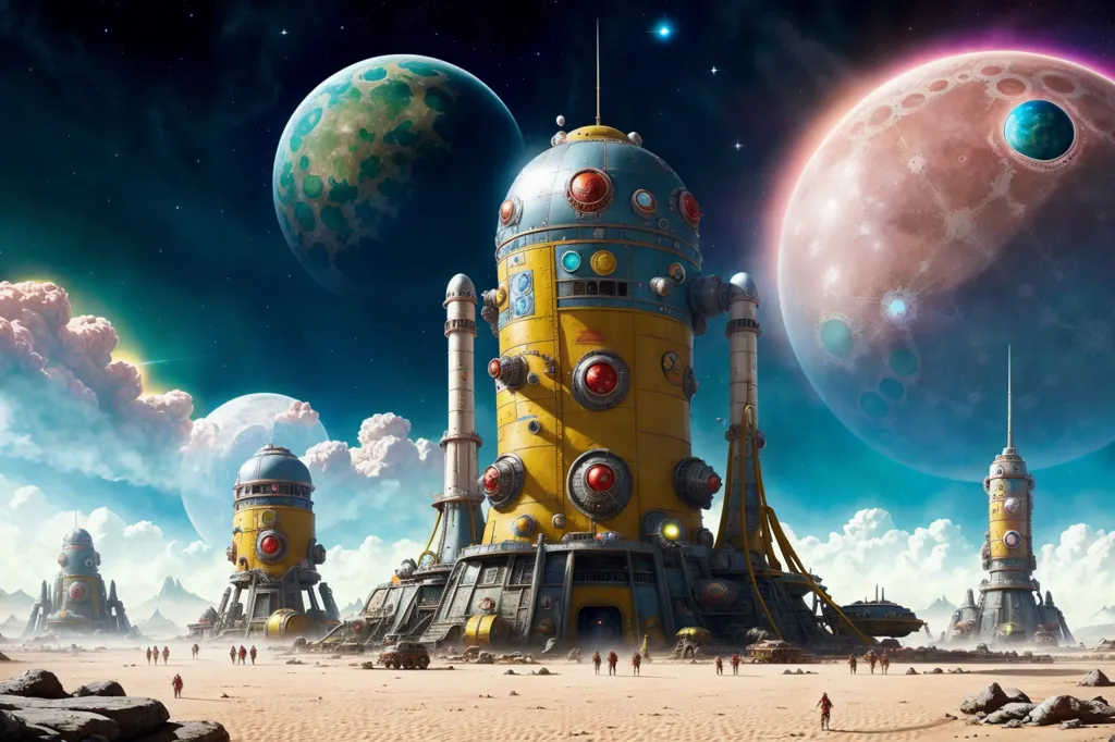 The image shows a futuristic desert planet with a yellow robot structure in the center. There are several smaller robot structures around it and people walking around. There are three moons in the sky and a mountain range in the background. The sky is blue with a few clouds in it.