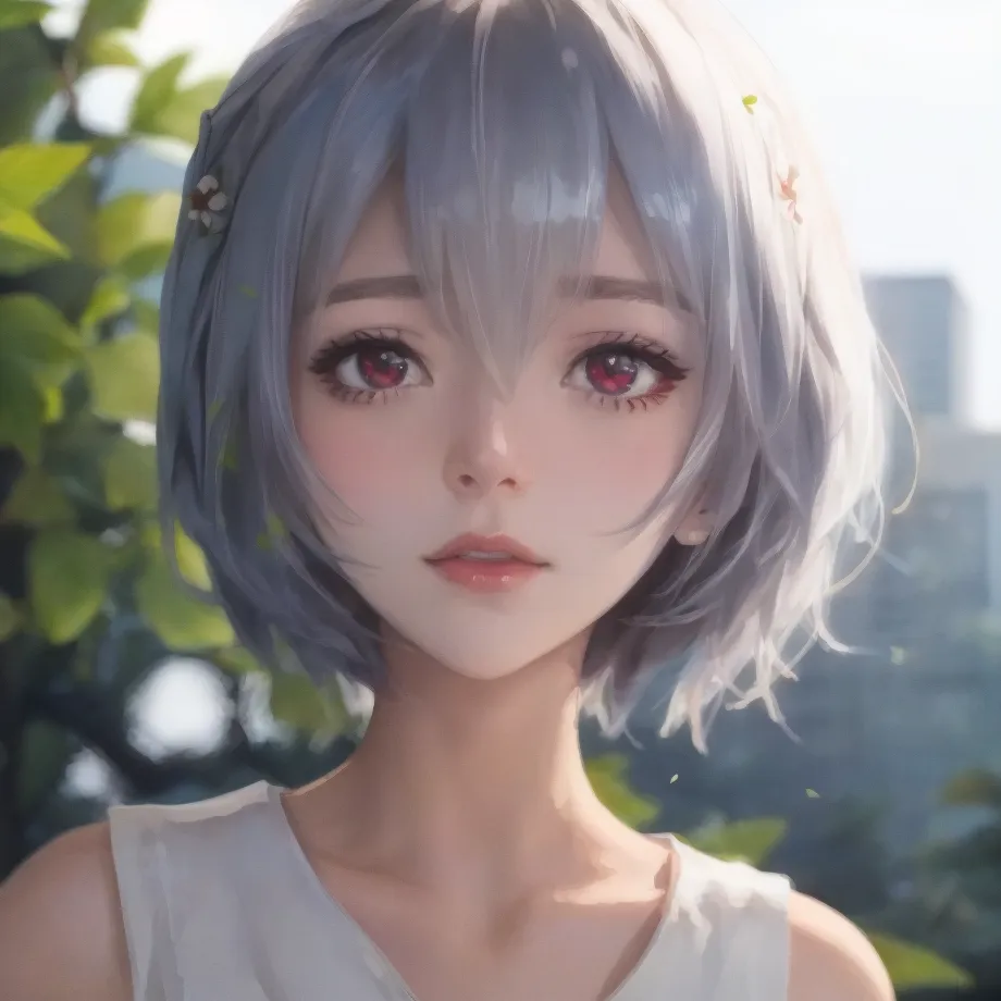 The image shows a young woman with short gray hair and red eyes. She is wearing a white dress and has a flower in her hair. The background is blurry and looks like a forest. The woman's expression is serious and thoughtful.