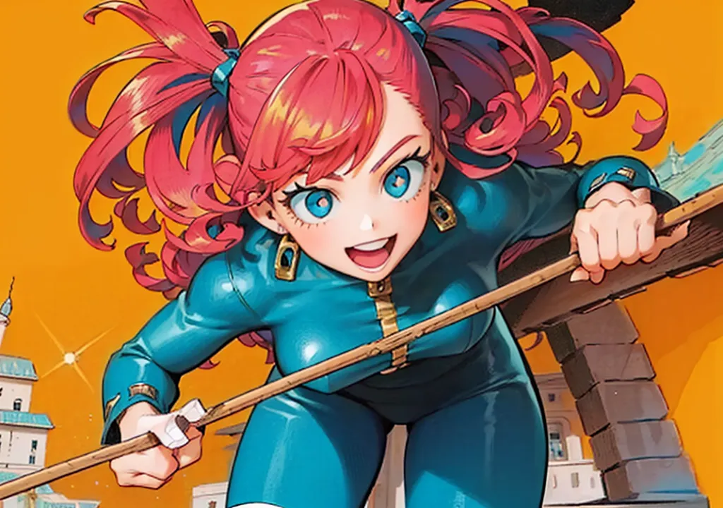 This is an illustration of a young girl with pink hair and blue eyes. She is wearing a blue jumpsuit and is holding a long stick. She has a happy expression on her face and is surrounded by a yellow background with some buildings in the back.