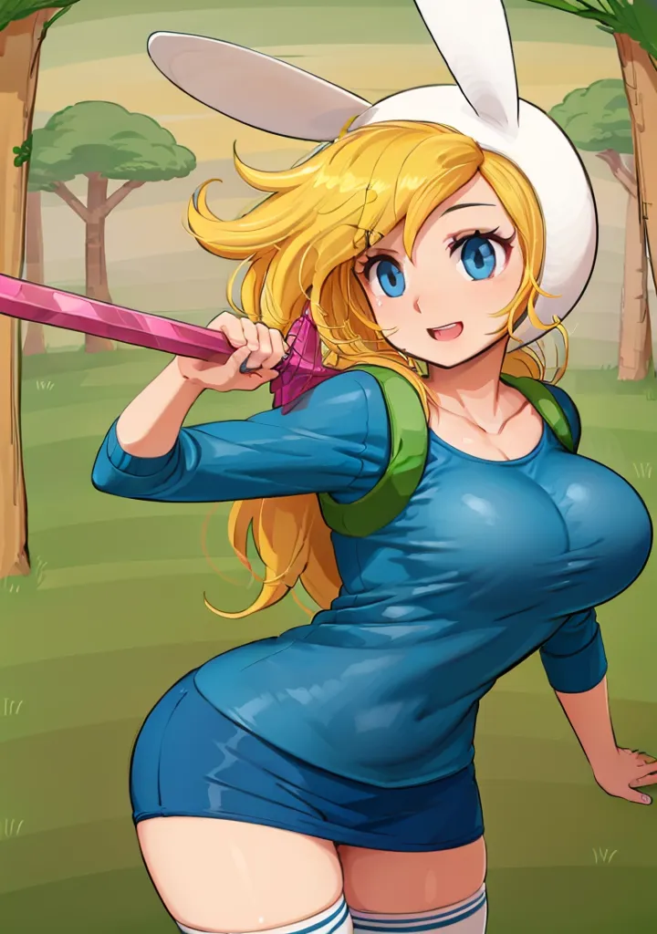 The image is of a young woman with long blonde hair and blue eyes. She is wearing a blue shirt and white shorts. She is also wearing a rabbit-eared hat and a backpack. She is standing in a forest and holding a sword. The image is drawn in an anime style.