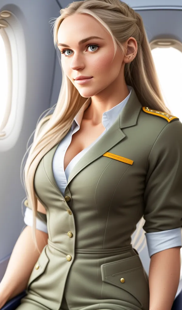 The image shows a beautiful woman with long blonde hair and blue eyes. She is wearing a green military-style uniform with gold buttons. The uniform has a white collar and white cuffs. She is sitting in a chair with her legs crossed. She is looking at the camera with a confident smile. There are two airplane windows in the background.