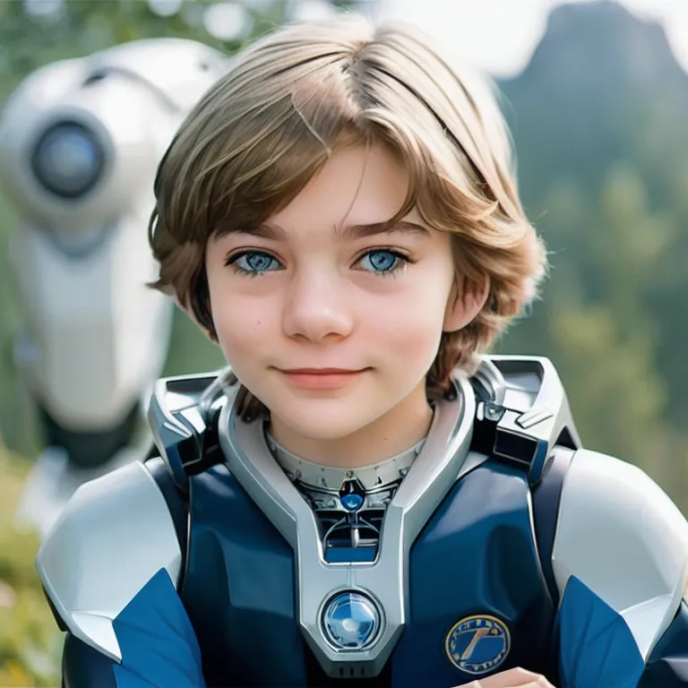 The image shows a young boy with short blond hair and blue eyes. He is wearing a blue and white spacesuit with a clear bubble helmet. The boy is standing in front of a large white and blue robot. The robot has a large eye on its head and is looking at the boy. The boy is smiling and has his hand raised, as if he is greeting the robot. The background is a blur of green trees and mountains.