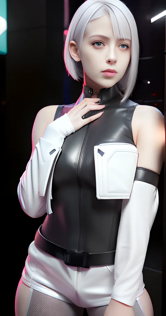 The image is of a beautiful young woman with short white hair. She is wearing a black and white bodysuit with a high collar. The bodysuit has a zipper in the front and a pocket on the left arm. She is also wearing a pair of black and white gloves. The woman is standing with her right hand on her chest and her left hand hanging at her side. She is looking at the viewer with a serious expression. The background is blurred and is mostly black with a few blurry lights in the distance.