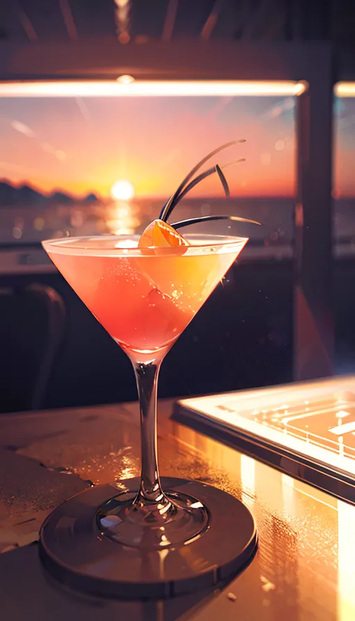 L'image montre un verre à martini avec un cocktail rose à l'intérieur. Le verre est posé sur un comptoir de bar avec un coucher de soleil en arrière-plan. Le verre à martini est garni d'une tranche d'orange. Les couleurs de l'image sont le rose, l'orange et le jaune. L'image a une atmosphère chaleureuse et accueillante.