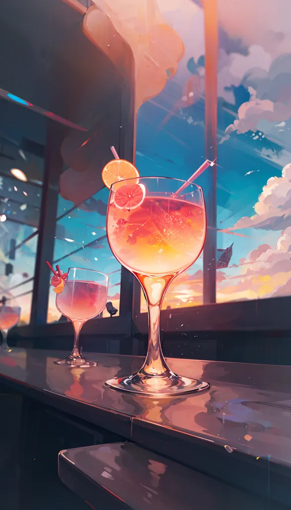 The image is of two cocktails on a bar counter against a sunset sky background. The cocktails are in tall, slender glasses with pink straws. The one on the left is garnished with a lemon wedge, and the one on the right has an orange slice. The sky is a gradient of orange and pink, with blue clouds.