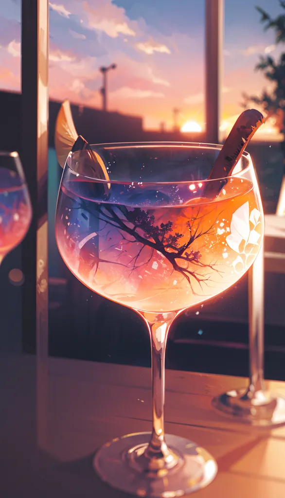 The image is of a  wine glass  on a table. There is a sunset in the background. The glass is filled with a pink liquid and there is a lemon slice on the rim. There is a tree branch floating in the liquid. The branch is bare, but there are a few leaves on it. The leaves are a light pink color. The tree branch is reaching towards the lemon slice.