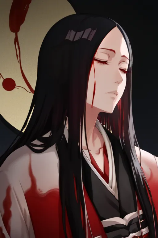 The picture shows a young man with long black hair. He is wearing a white kimono with a red haori. The man's eyes are closed, and there is blood on his face. He looks like he is injured. There is a full moon in the background.