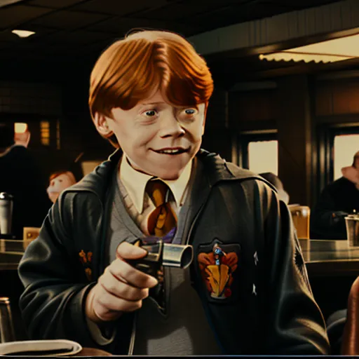 The image is of a young boy with red hair and freckles. He is wearing a Hogwarts uniform and holding a wand. He has a mischievous smile on his face. The background is blurry, but it looks like he is in a classroom. The boy is most likely Harry Potter.