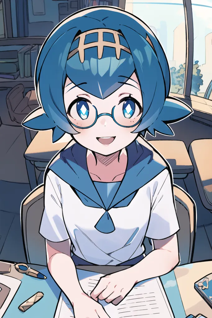 The image shows a young girl with blue hair and eyes. She is wearing a white shirt with a blue collar and a blue tie. She is also wearing glasses. She is sitting at a desk and there are papers on the desk. She has a happy expression on her face.