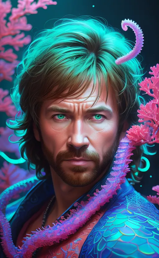 This image shows a man with green hair and blue eyes. He is wearing a blue shirt with a scale-like pattern and has a pink octopus-like creature wrapped around his neck. The background is dark with pink and purple coral-like plants. The man has a serious expression on his face.