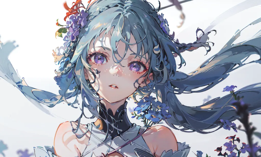 The image is a painting of a young woman with long, light blue hair and purple eyes. She is wearing a white dress with a blue sash, and her hair is decorated with blue and purple flowers. She is standing in front of a white background, and there are flowers in the foreground. The painting is done in a realistic style, and the woman's expression is one of peace and serenity.