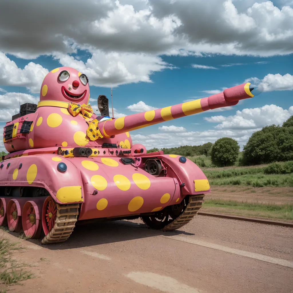 This is an image of a tank. It is pink with yellow polka dots and has a clown face painted on the front. There is a large gun on top of the tank. The tank is parked on a road with a field of grass and trees in the background. The sky is blue and there are some clouds in the sky.