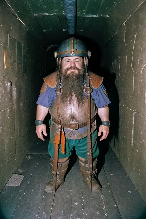 La imagen muestra a una persona de baja estatura vestida con un atuendo de estilo fantástico. Lleva una camisa azul, pantalones cortos verdes y botas marrones. También lleva un casco y una coraza de metal. Tiene una espada en la cadera izquierda y un puñal en la cadera derecha. Está de pie en un pasillo oscuro, con una sola fuente de luz que lo ilumina desde el frente. El fondo está compuesto por paredes de piedra toscamente talladas.