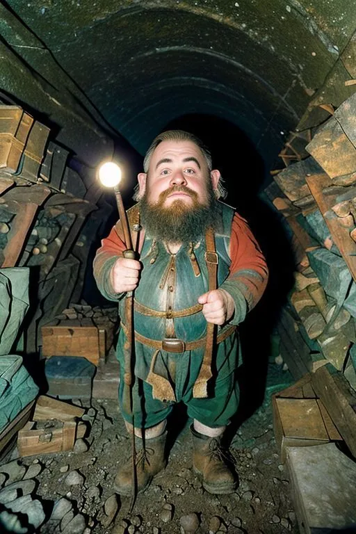 Esta imagen muestra a un enano masculino de pie en un túnel oscuro sosteniendo un bastón con una luz blanca brillante en el extremo. El enano lleva un atuendo rojo y verde con un cinturón y botas marrones. Tiene barba y bigote y mira a la cámara. Hay rocas y escombros a su alrededor.