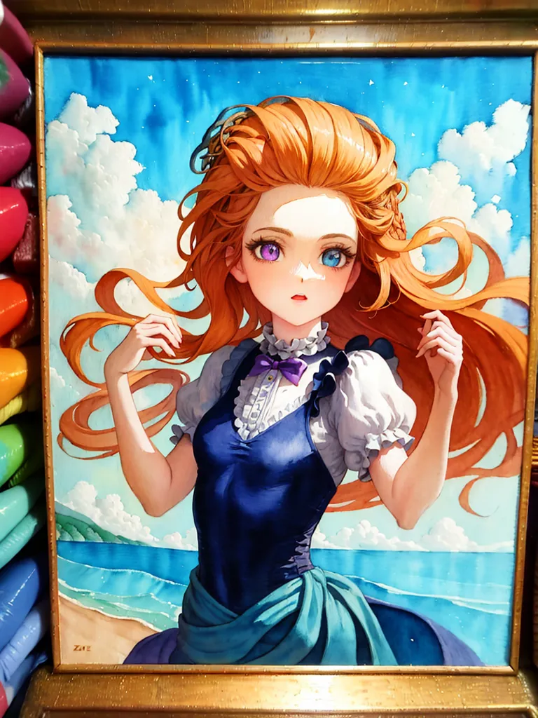 The image is a painting of a young woman with long red hair and purple eyes. She is wearing a blue dress with a white collar. The background is a beach with the ocean and a cloudy sky. The painting is done in a realistic style and the colors are vibrant and bright. The woman's expression is one of happiness and contentment. She is standing in a relaxed pose with her right hand holding her hair and the left hand by her side. The painting is framed in a gold frame.