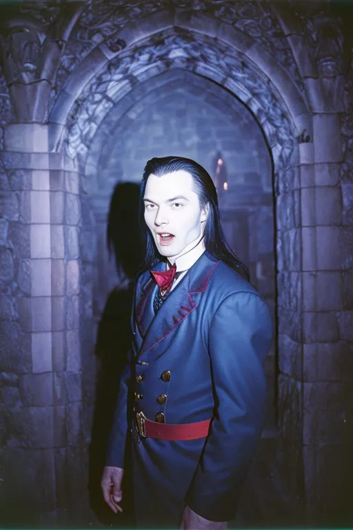 The image shows a man dressed in a blue military-style coat with red trim. He is wearing a white cravat and has long black hair. He has pale skin and red lips. He is standing in a dark room with a stone archway behind him. He is looking at the camera with an open mouth and his hands are outstretched.